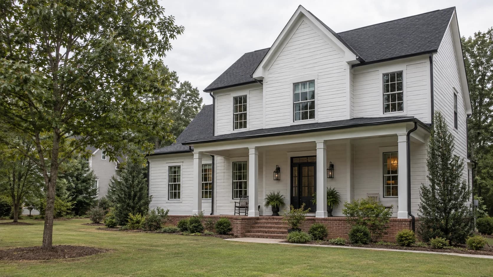 Architectural concept of a white Southern home with a deep front porch, brick steps, and natural daylight