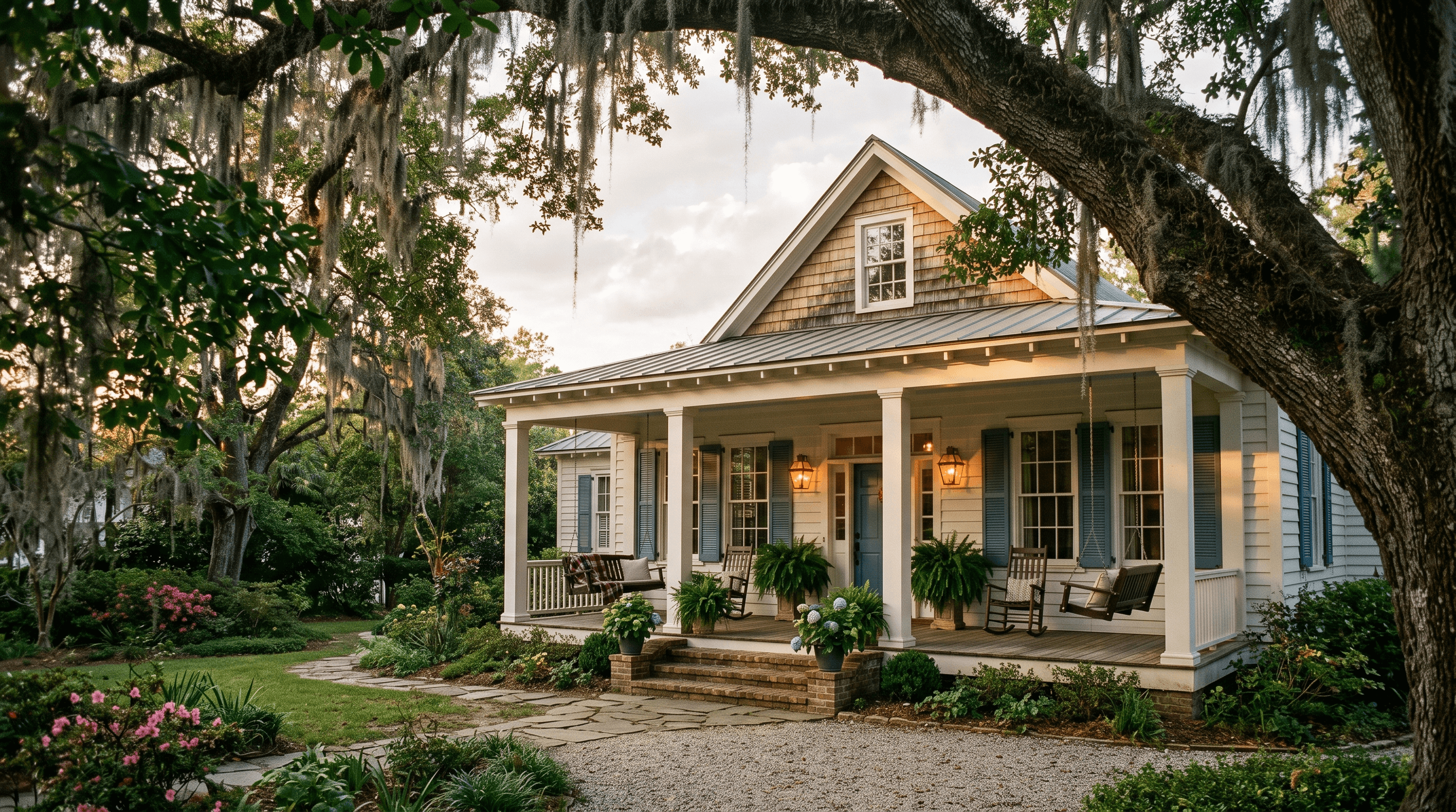 Lowcountry-style porch with white columns beneath a live oak at golden hour