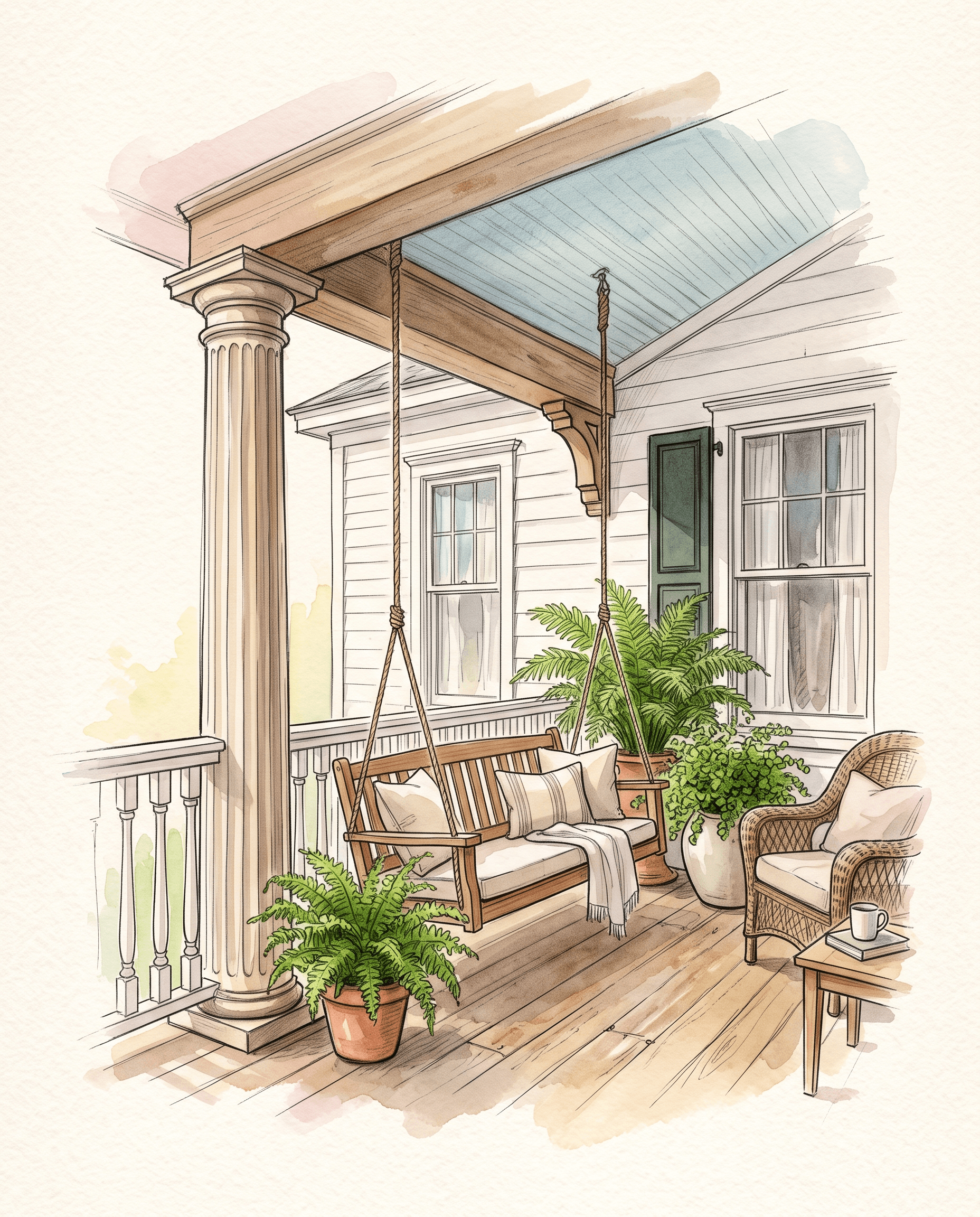 Watercolor vignette of a Southern porch corner
