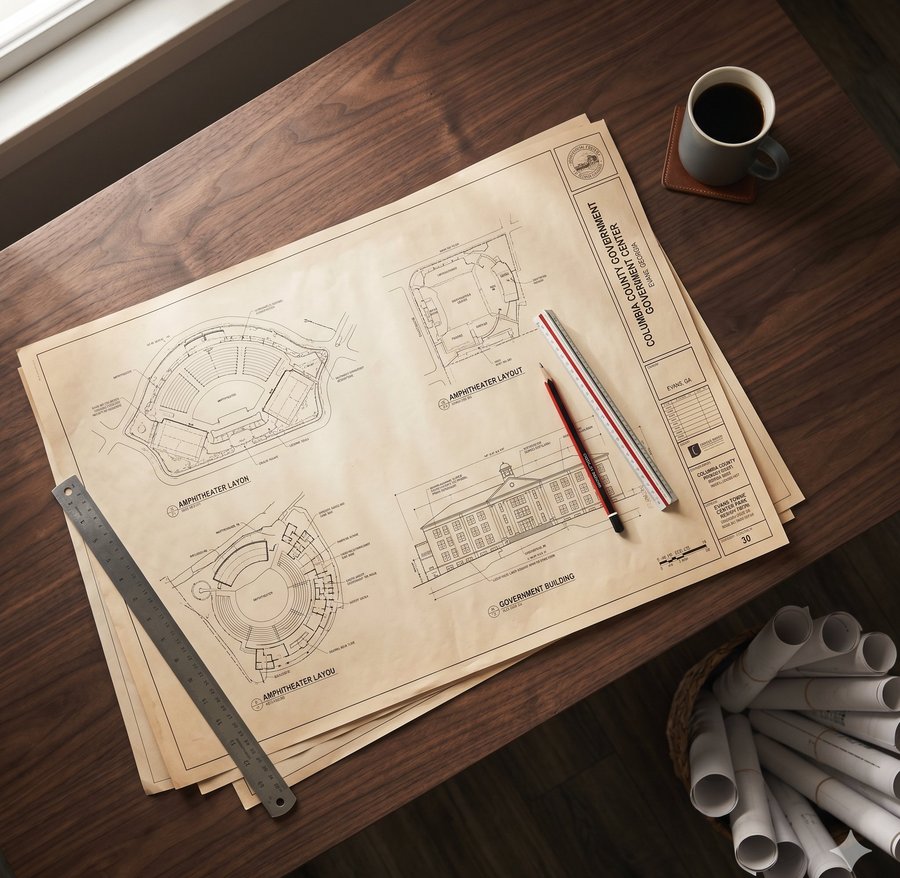 Architectural blueprints and construction plans on a walnut desk