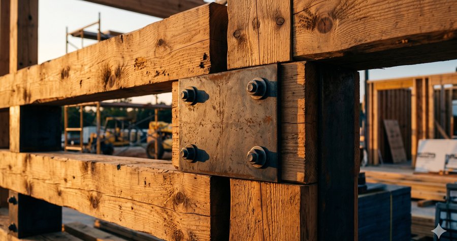 Timber beam and steel connection plate at a construction site